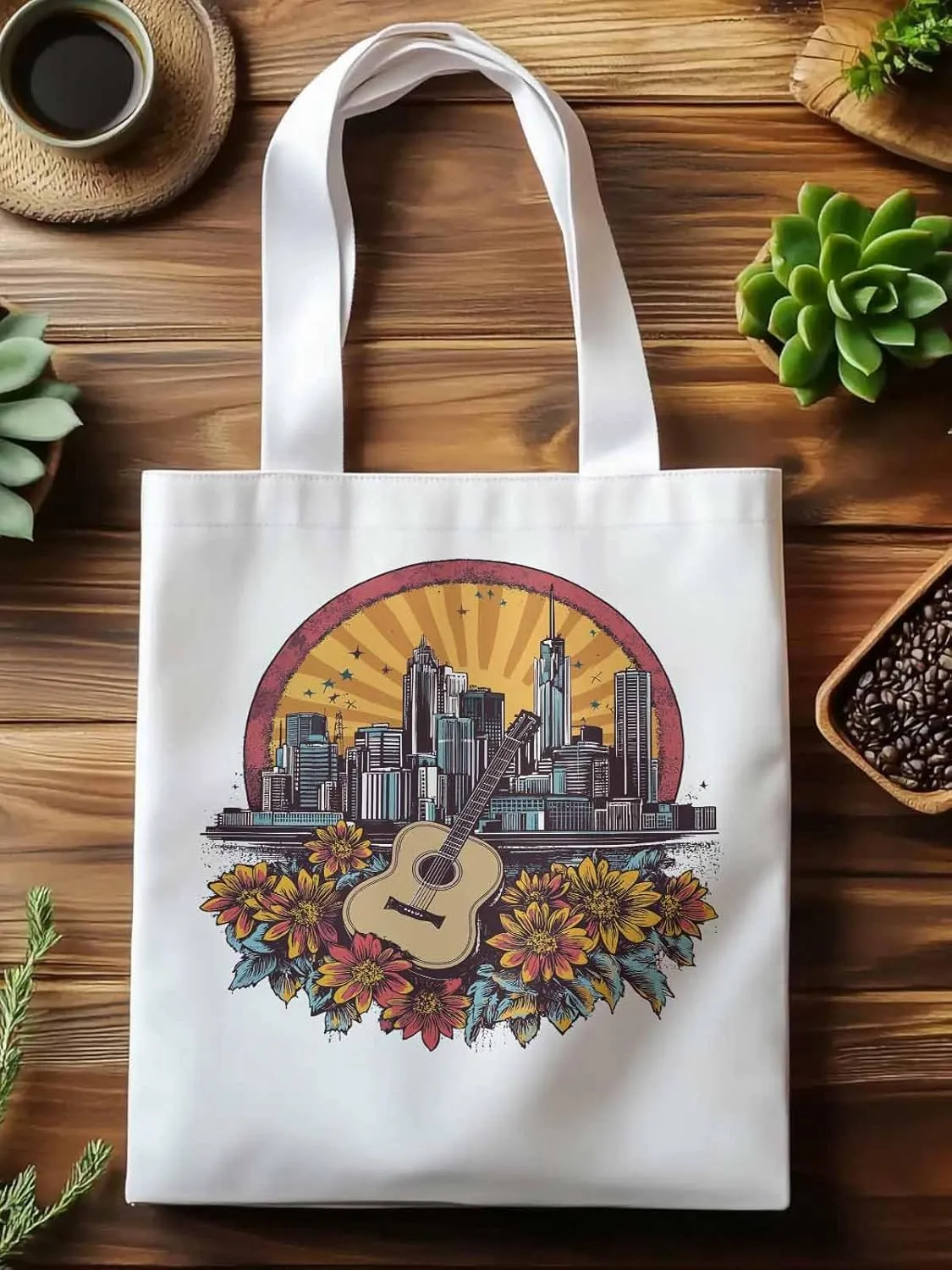 Floral Guitar Building City Skyscraper Canvas Tote Bag, Aesthetic Canvas Tote Handbags for Women Shoulder Bag