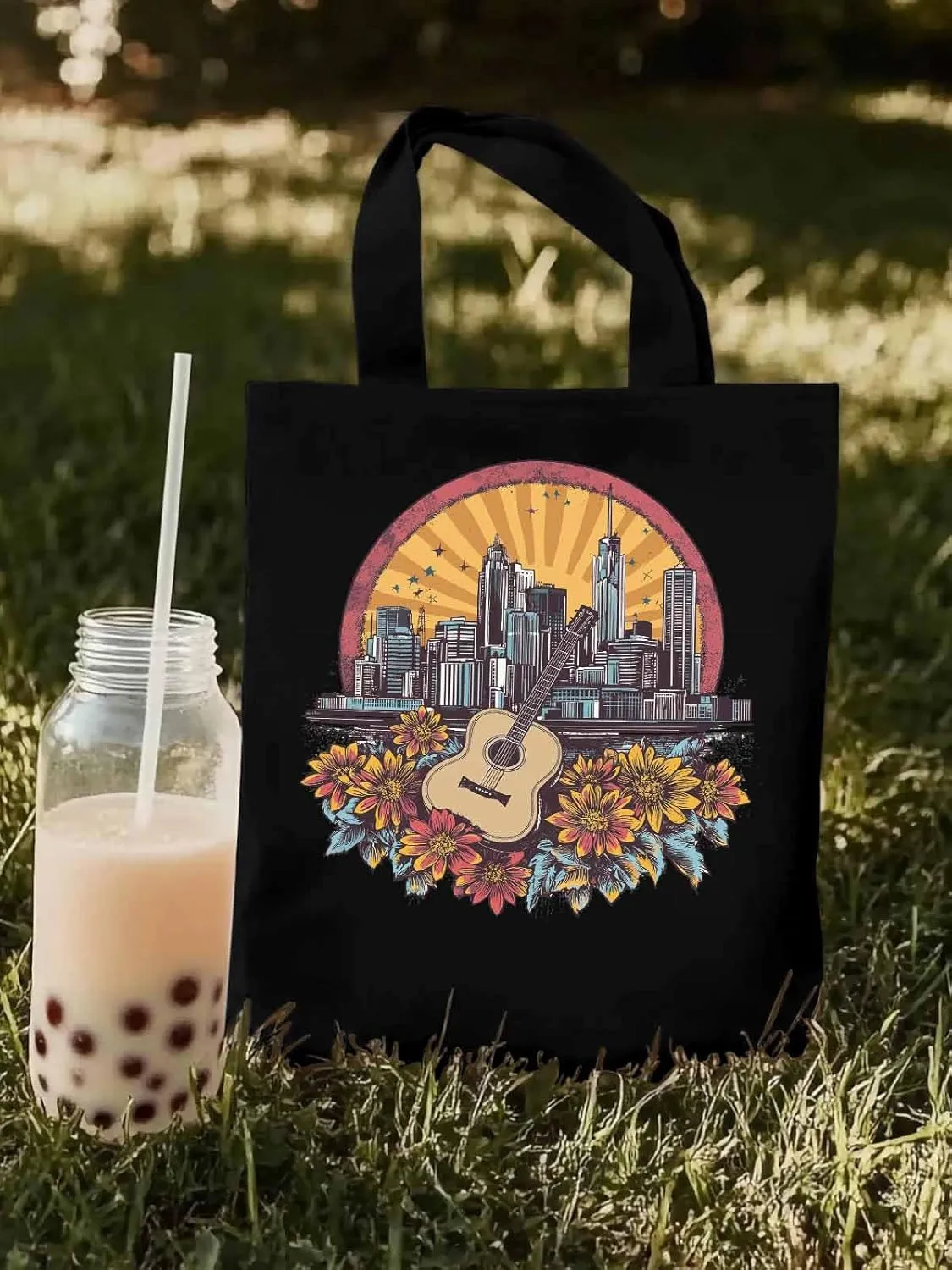 Floral Guitar Building City Skyscraper Canvas Tote Bag, Aesthetic Canvas Tote Handbags for Women Shoulder Bag