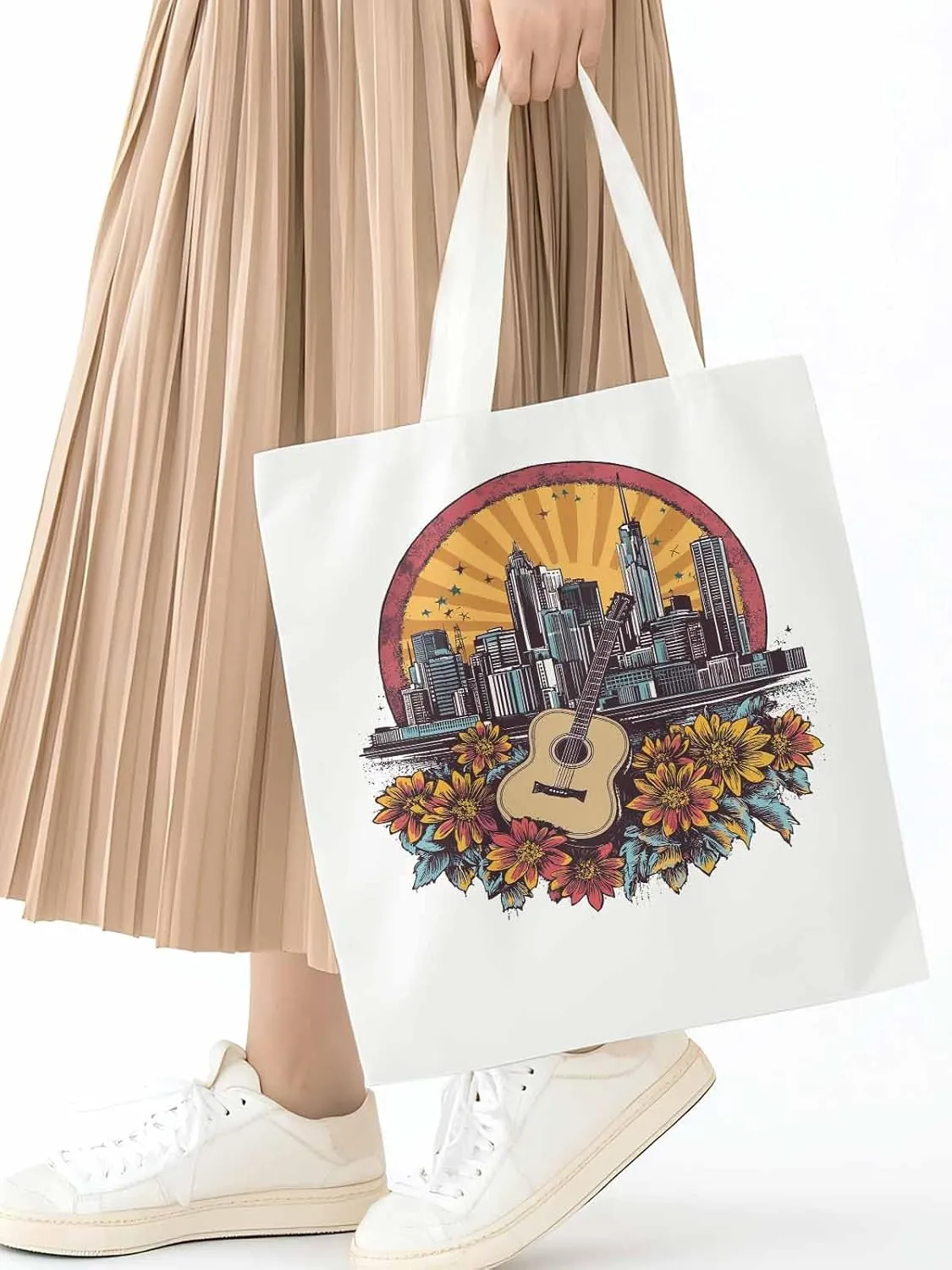 Floral Guitar Building City Skyscraper Canvas Tote Bag, Aesthetic Canvas Tote Handbags for Women Shoulder Bag