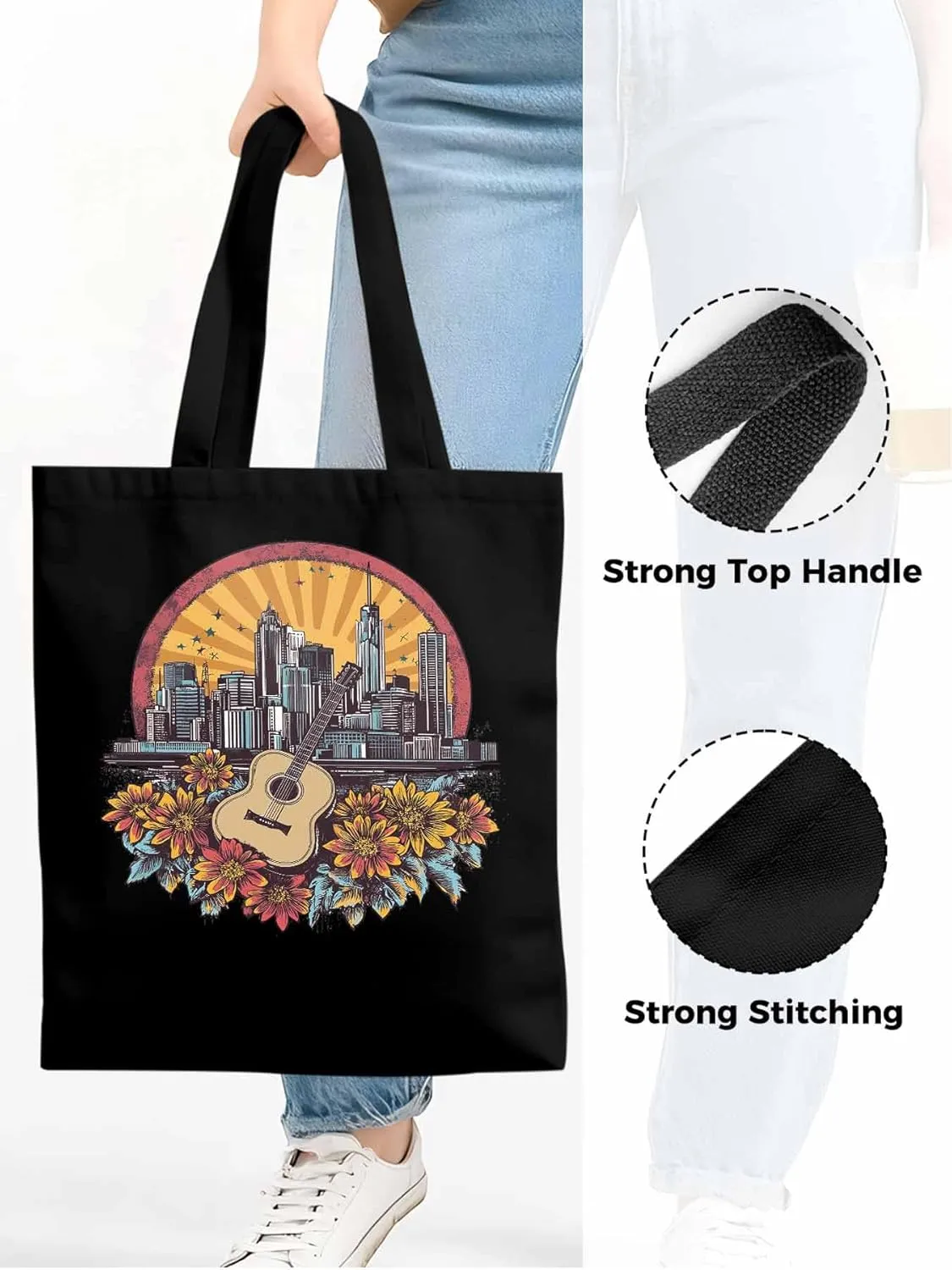 Floral Guitar Building City Skyscraper Canvas Tote Bag, Aesthetic Canvas Tote Handbags for Women Shoulder Bag
