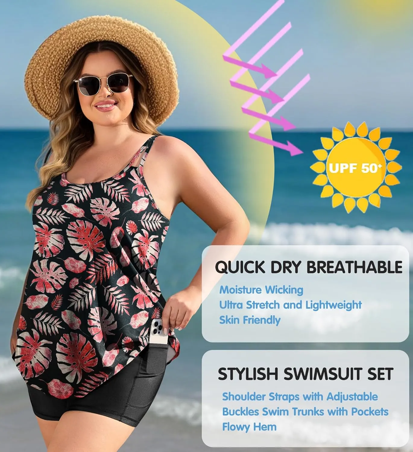 FOREYOND Plus Size 2 Piece Swimsuit for Women Tankini Bathing Suits Flowy Swim Tops with Boy Shorts 1XL-5XL