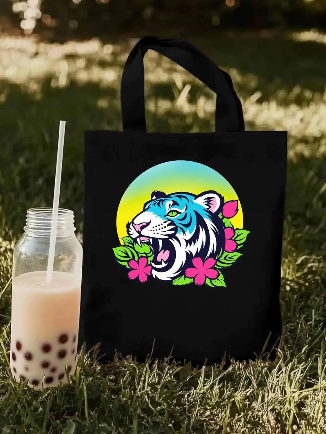 Funny Blue Animals Flowers Canvas Tote Bag, Aesthetic Canvas Tote Handbags for Women Shoulder Bag