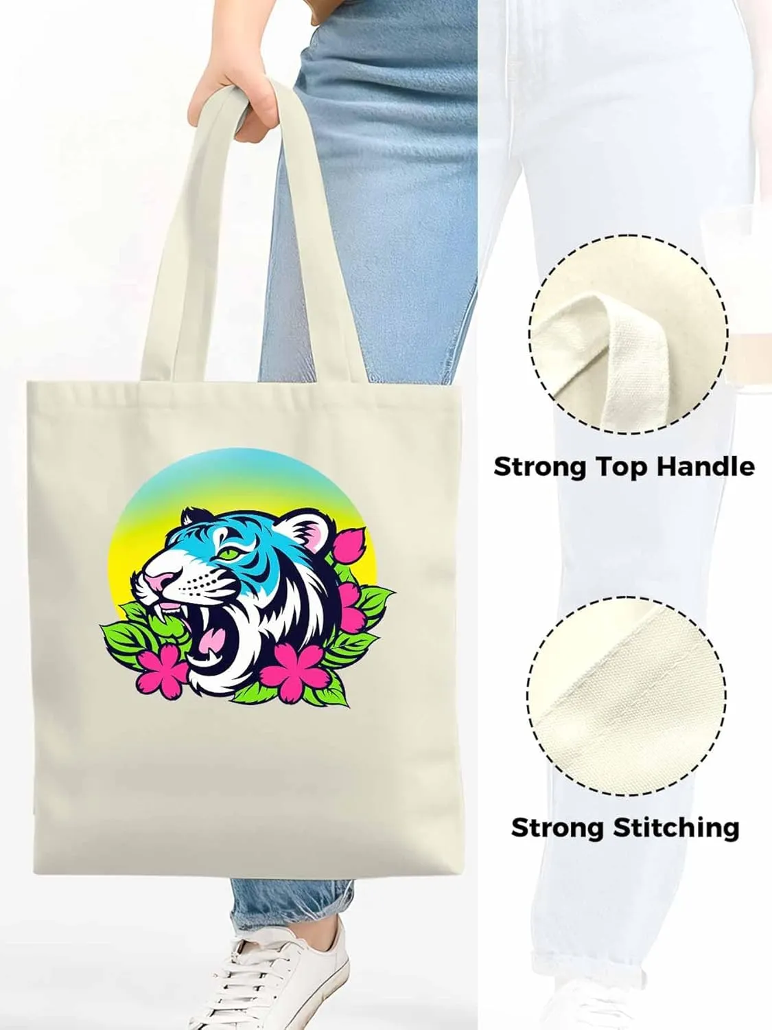 Funny Blue Animals Flowers Canvas Tote Bag, Aesthetic Canvas Tote Handbags for Women Shoulder Bag