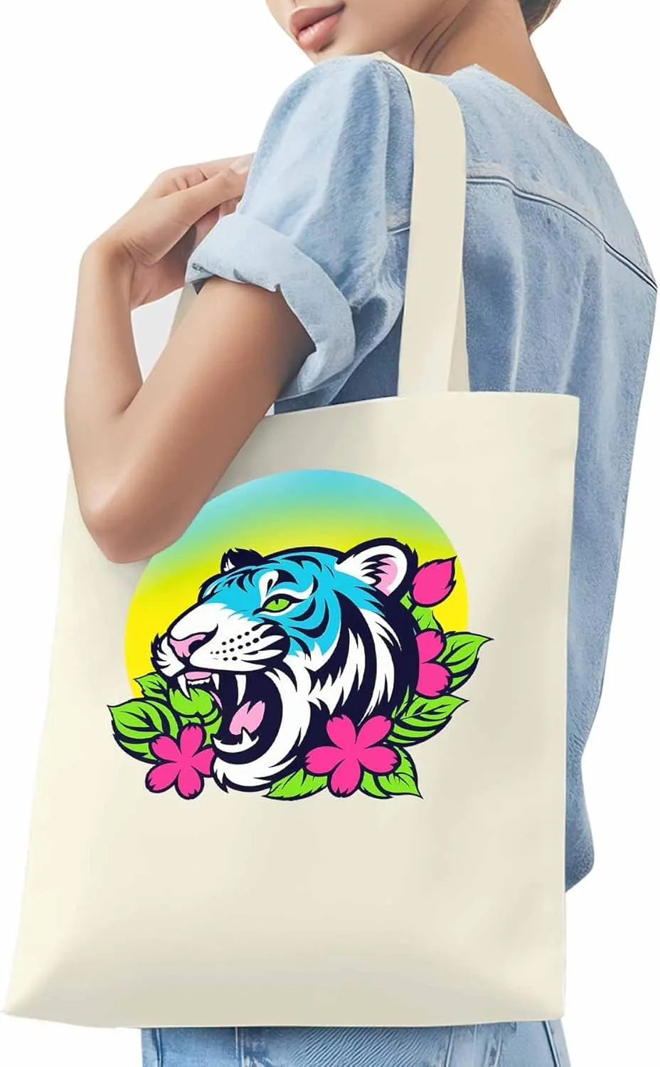 Funny Blue Animals Flowers Canvas Tote Bag, Aesthetic Canvas Tote Handbags for Women Shoulder Bag
