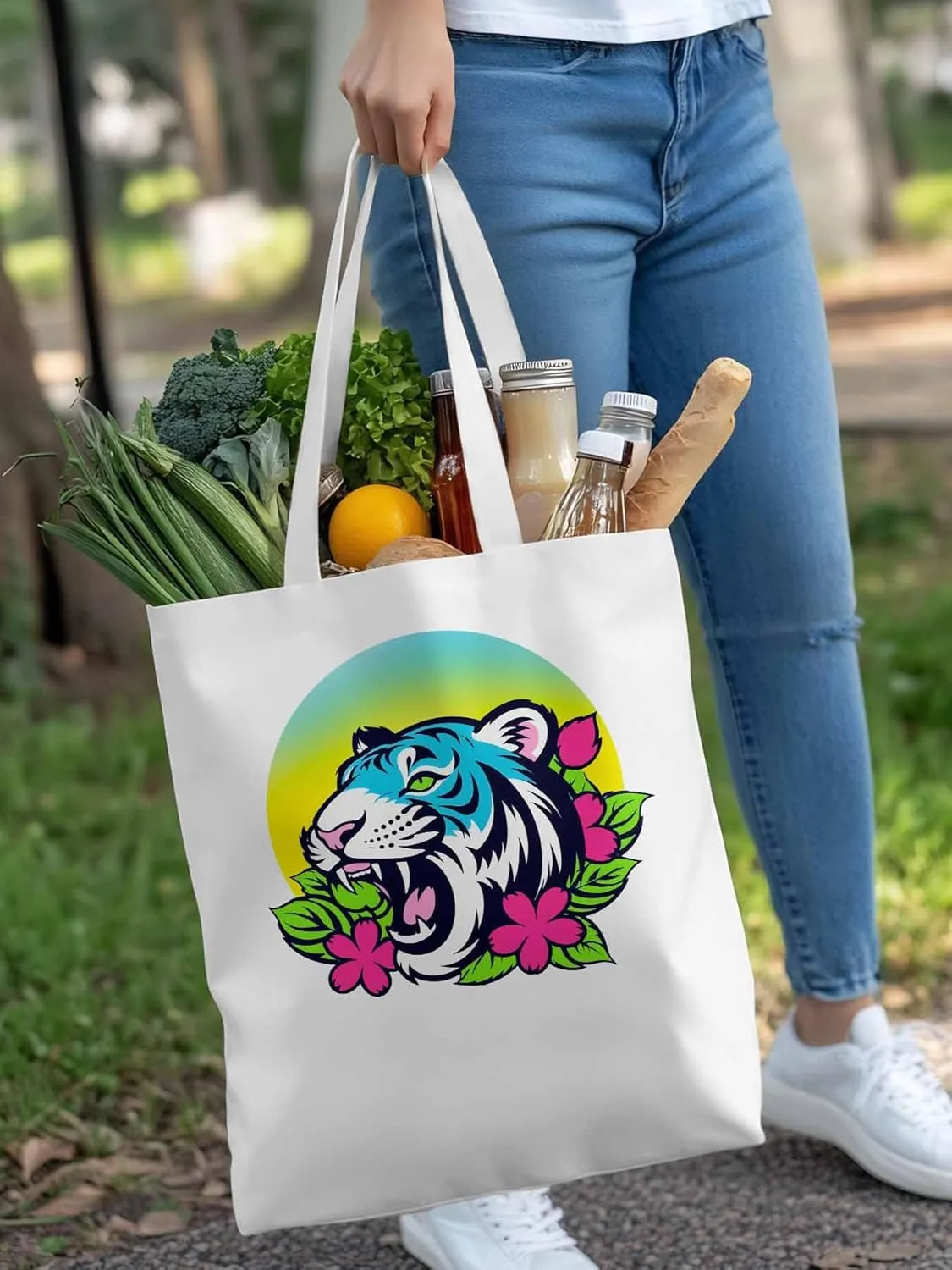 Funny Blue Animals Flowers Canvas Tote Bag, Aesthetic Canvas Tote Handbags for Women Shoulder Bag