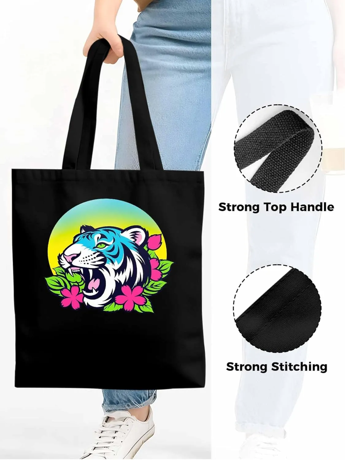 Funny Blue Animals Flowers Canvas Tote Bag, Aesthetic Canvas Tote Handbags for Women Shoulder Bag