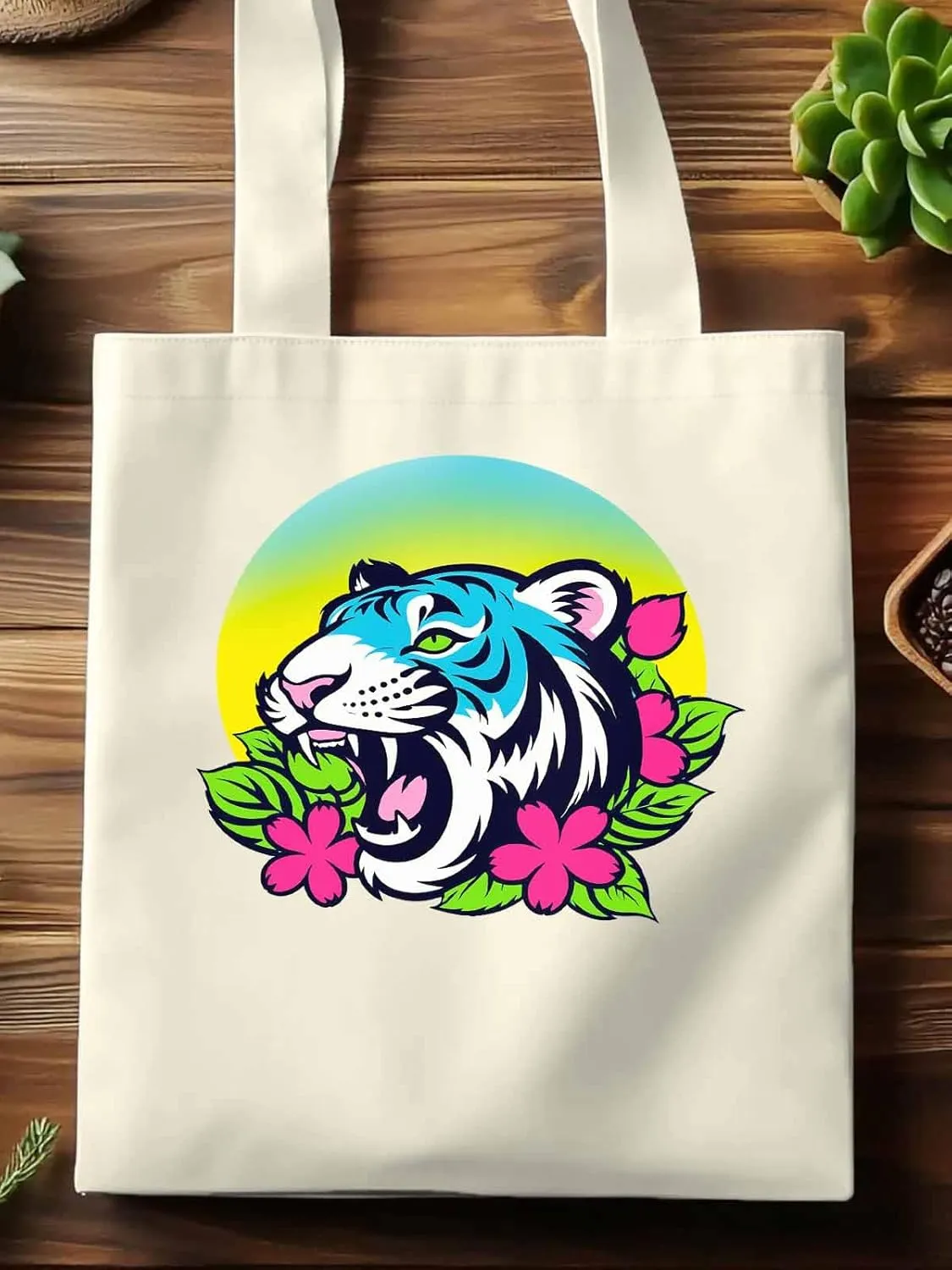 Funny Blue Animals Flowers Canvas Tote Bag, Aesthetic Canvas Tote Handbags for Women Shoulder Bag