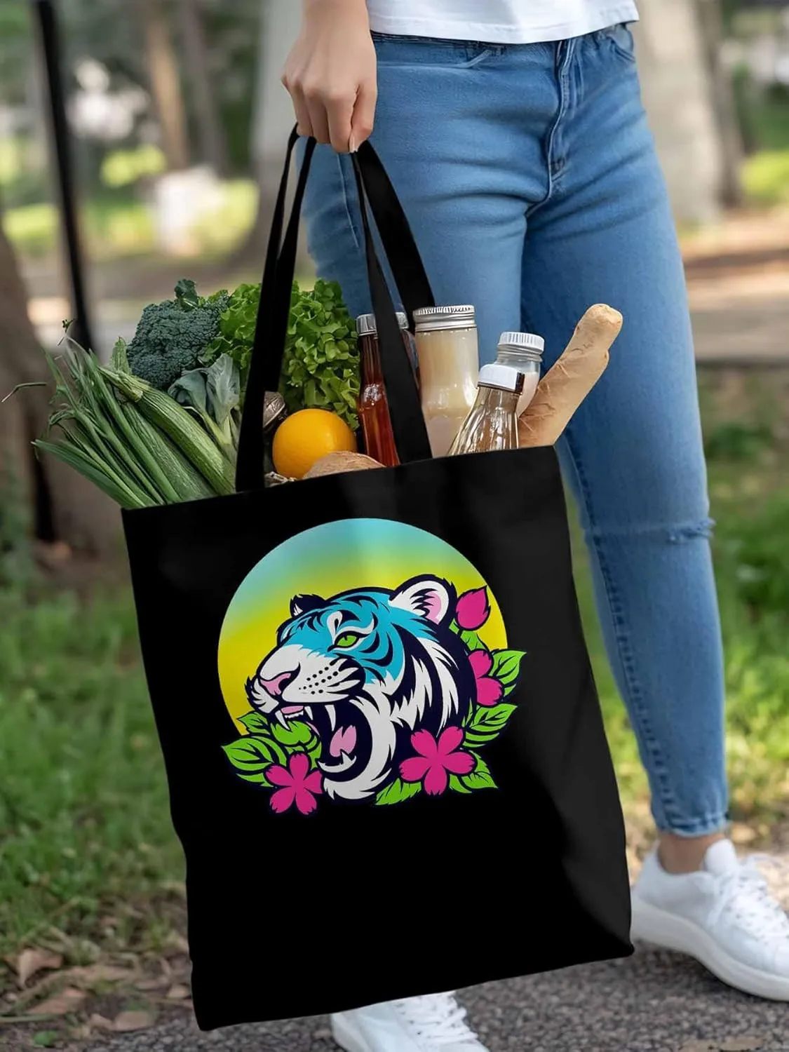 Funny Blue Animals Flowers Canvas Tote Bag, Aesthetic Canvas Tote Handbags for Women Shoulder Bag