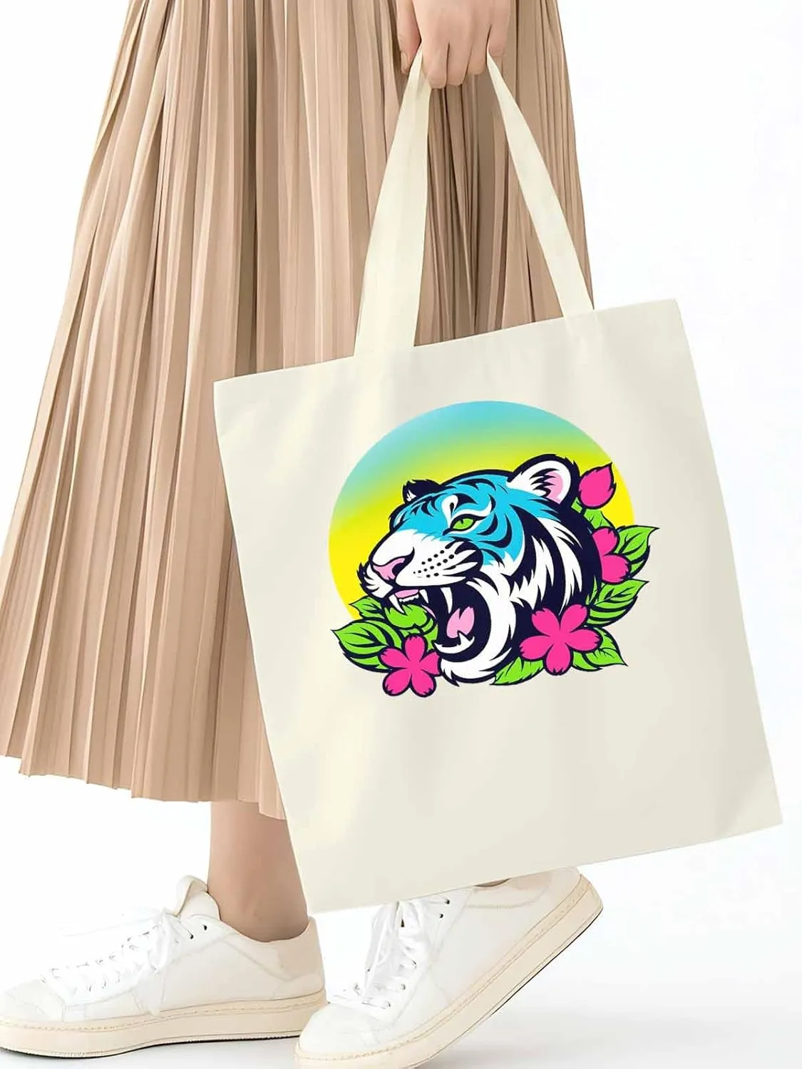 Funny Blue Animals Flowers Canvas Tote Bag, Aesthetic Canvas Tote Handbags for Women Shoulder Bag