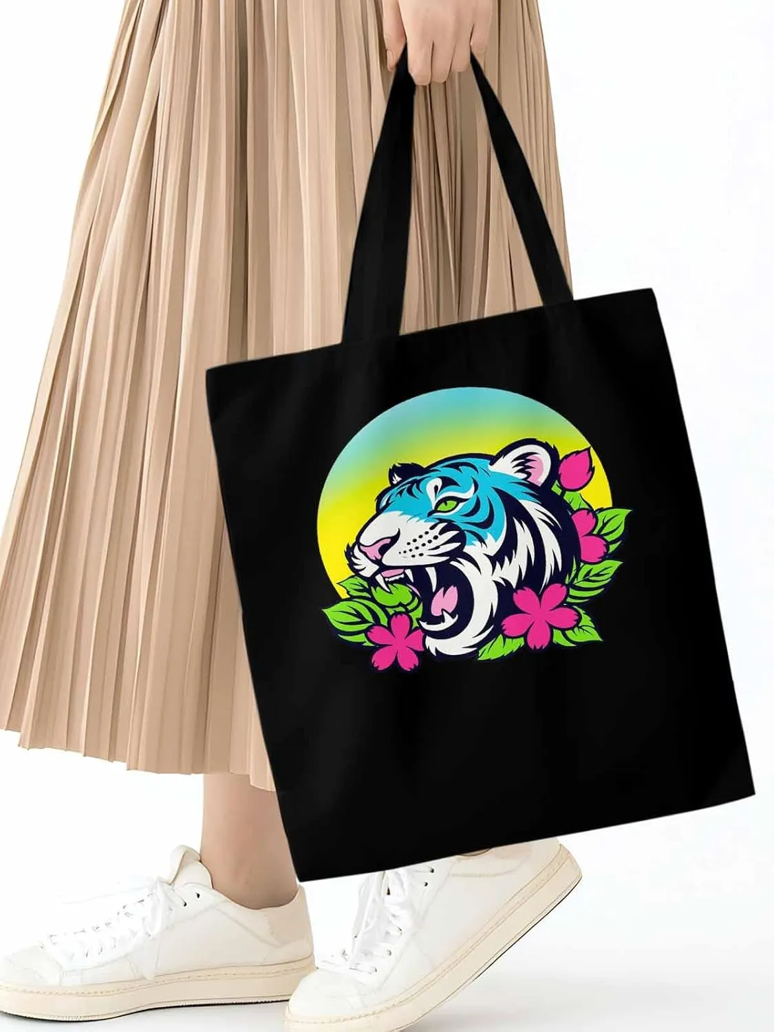 Funny Blue Animals Flowers Canvas Tote Bag, Aesthetic Canvas Tote Handbags for Women Shoulder Bag