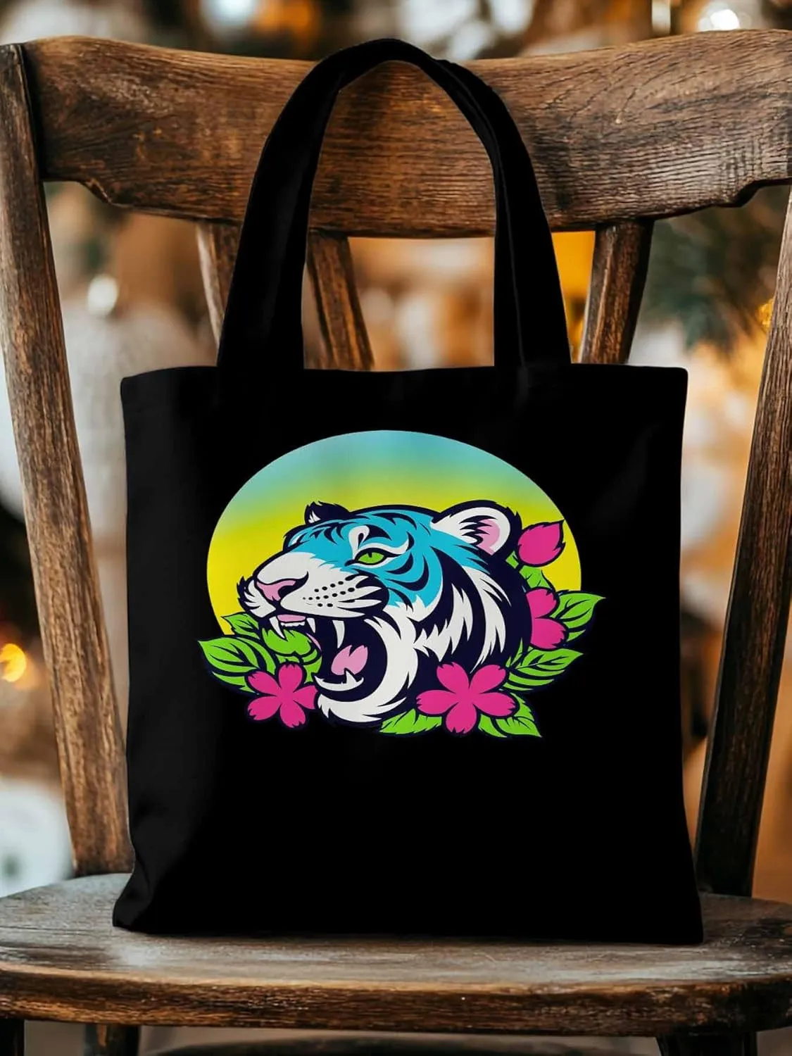 Funny Blue Animals Flowers Canvas Tote Bag, Aesthetic Canvas Tote Handbags for Women Shoulder Bag