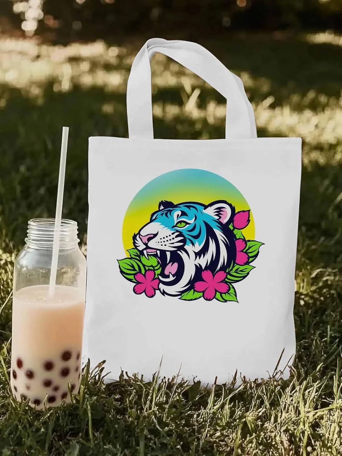 Funny Blue Animals Flowers Canvas Tote Bag, Aesthetic Canvas Tote Handbags for Women Shoulder Bag