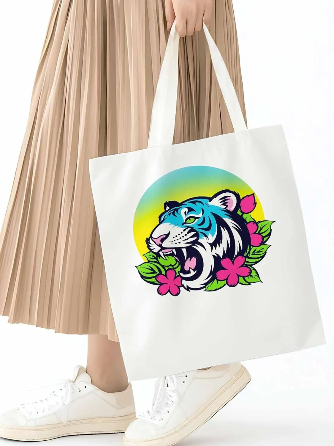 Funny Blue Animals Flowers Canvas Tote Bag, Aesthetic Canvas Tote Handbags for Women Shoulder Bag