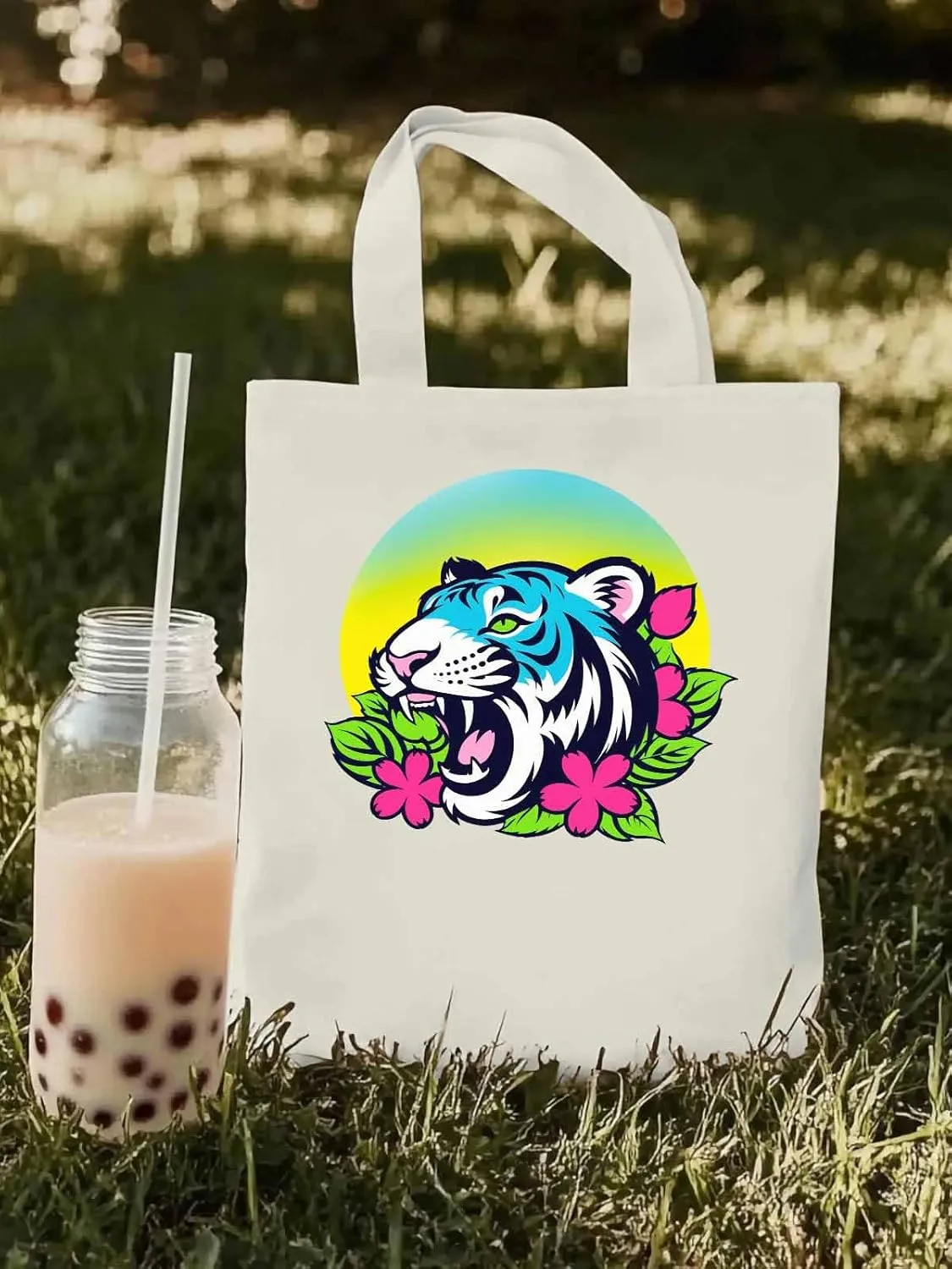 Funny Blue Animals Flowers Canvas Tote Bag, Aesthetic Canvas Tote Handbags for Women Shoulder Bag