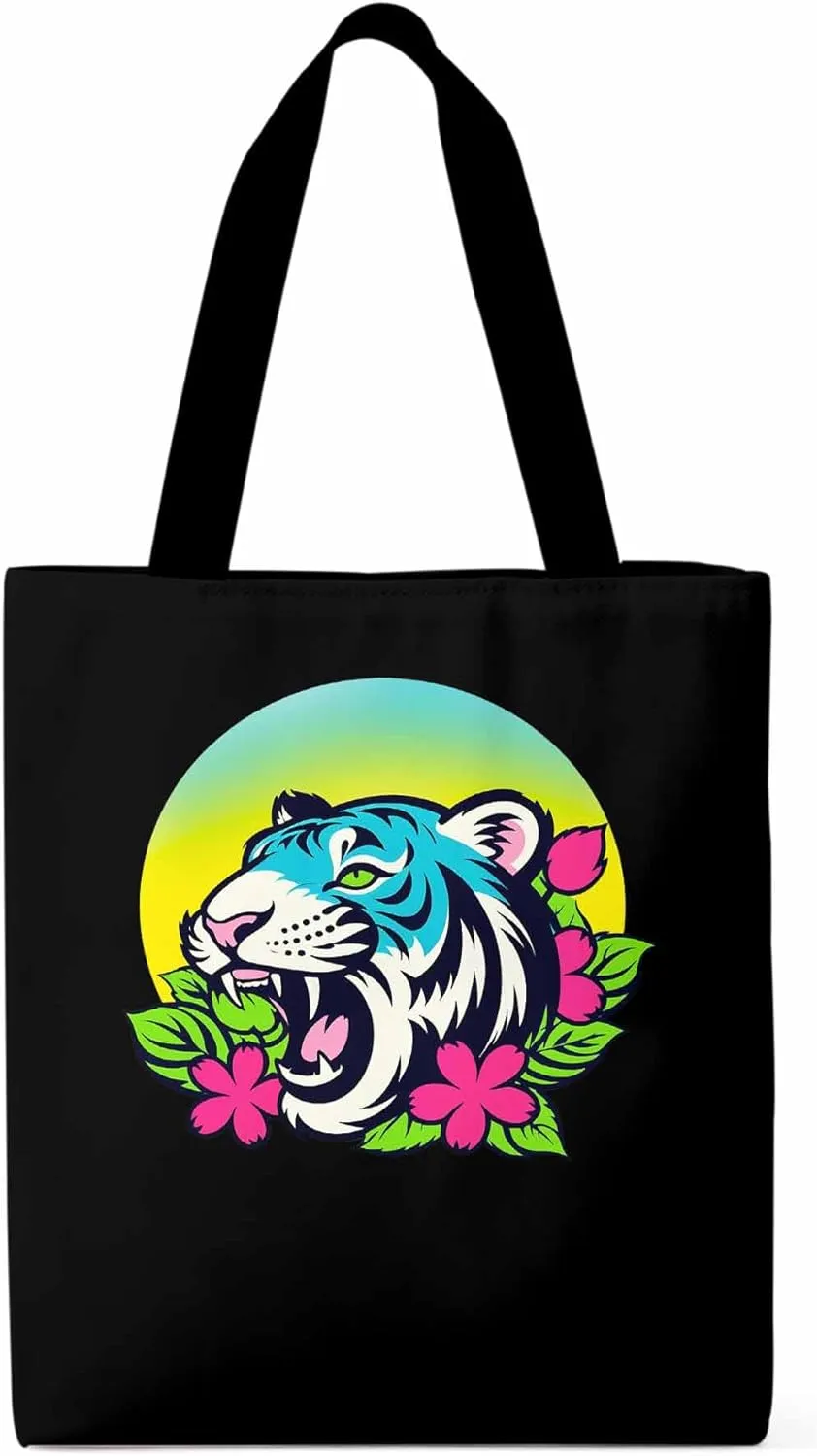 Funny Blue Animals Flowers Canvas Tote Bag, Aesthetic Canvas Tote Handbags for Women Shoulder Bag