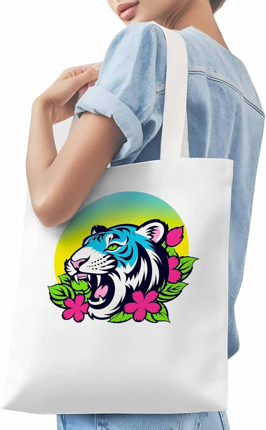 Funny Blue Animals Flowers Canvas Tote Bag, Aesthetic Canvas Tote Handbags for Women Shoulder Bag