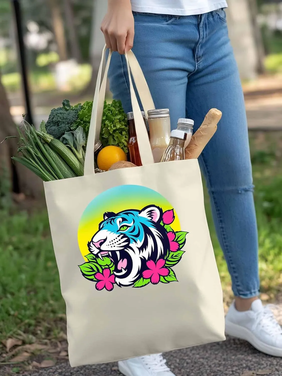 Funny Blue Animals Flowers Canvas Tote Bag, Aesthetic Canvas Tote Handbags for Women Shoulder Bag