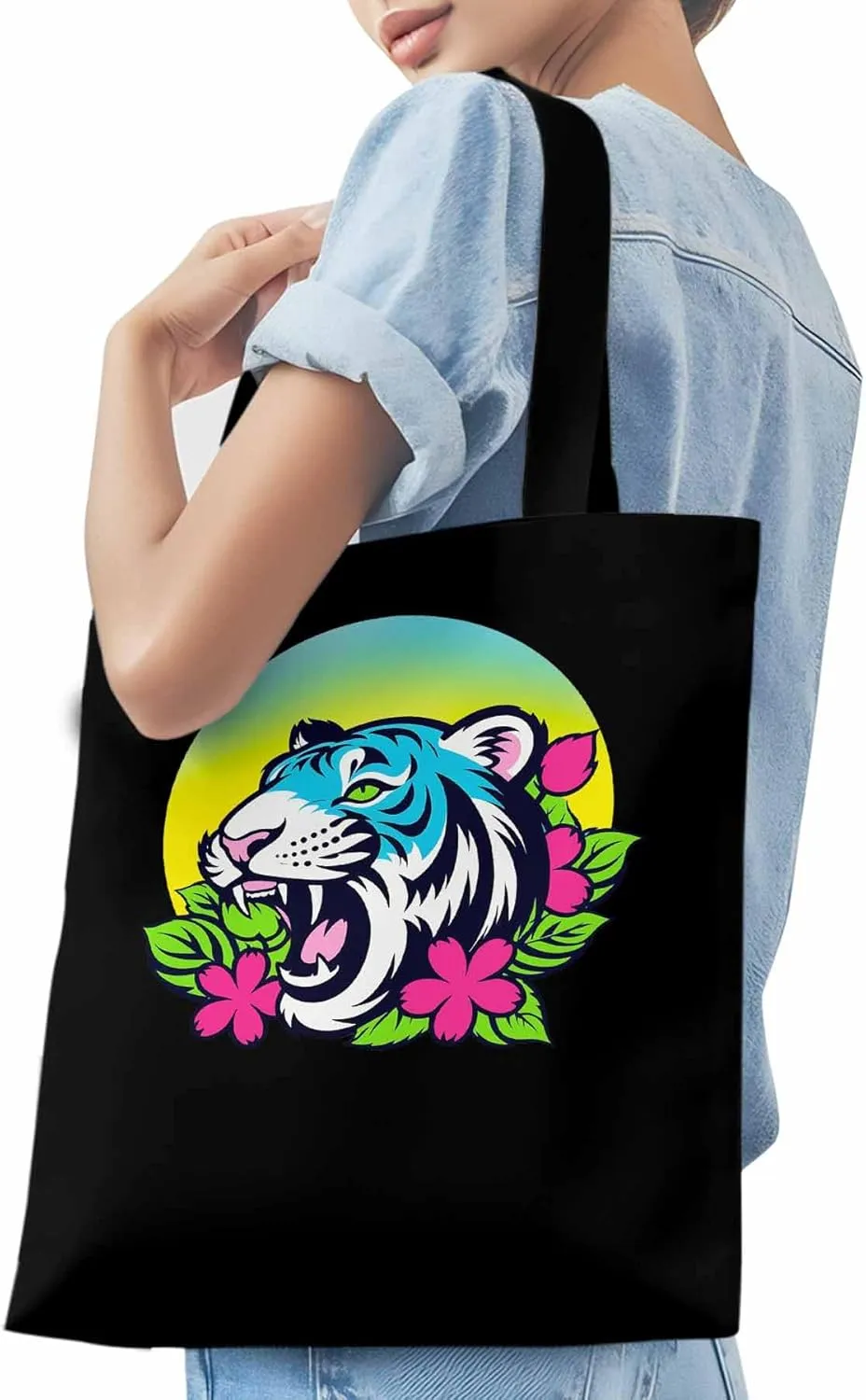 Funny Blue Animals Flowers Canvas Tote Bag, Aesthetic Canvas Tote Handbags for Women Shoulder Bag