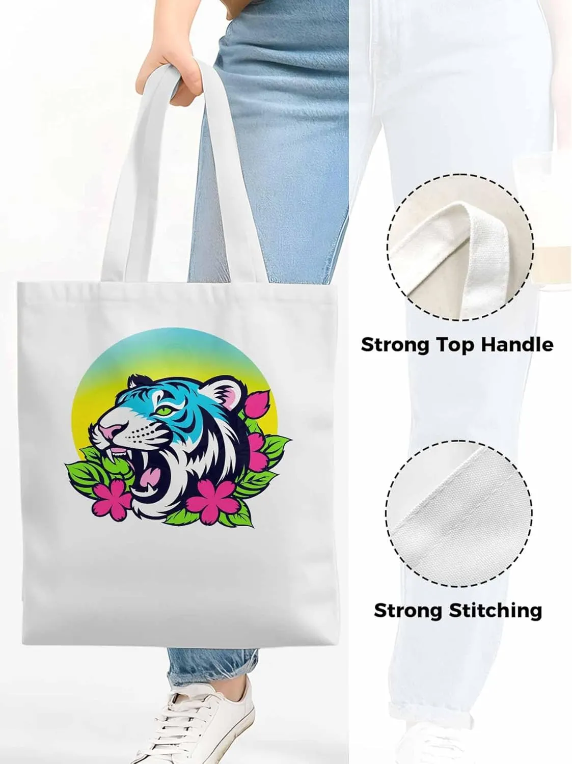 Funny Blue Animals Flowers Canvas Tote Bag, Aesthetic Canvas Tote Handbags for Women Shoulder Bag