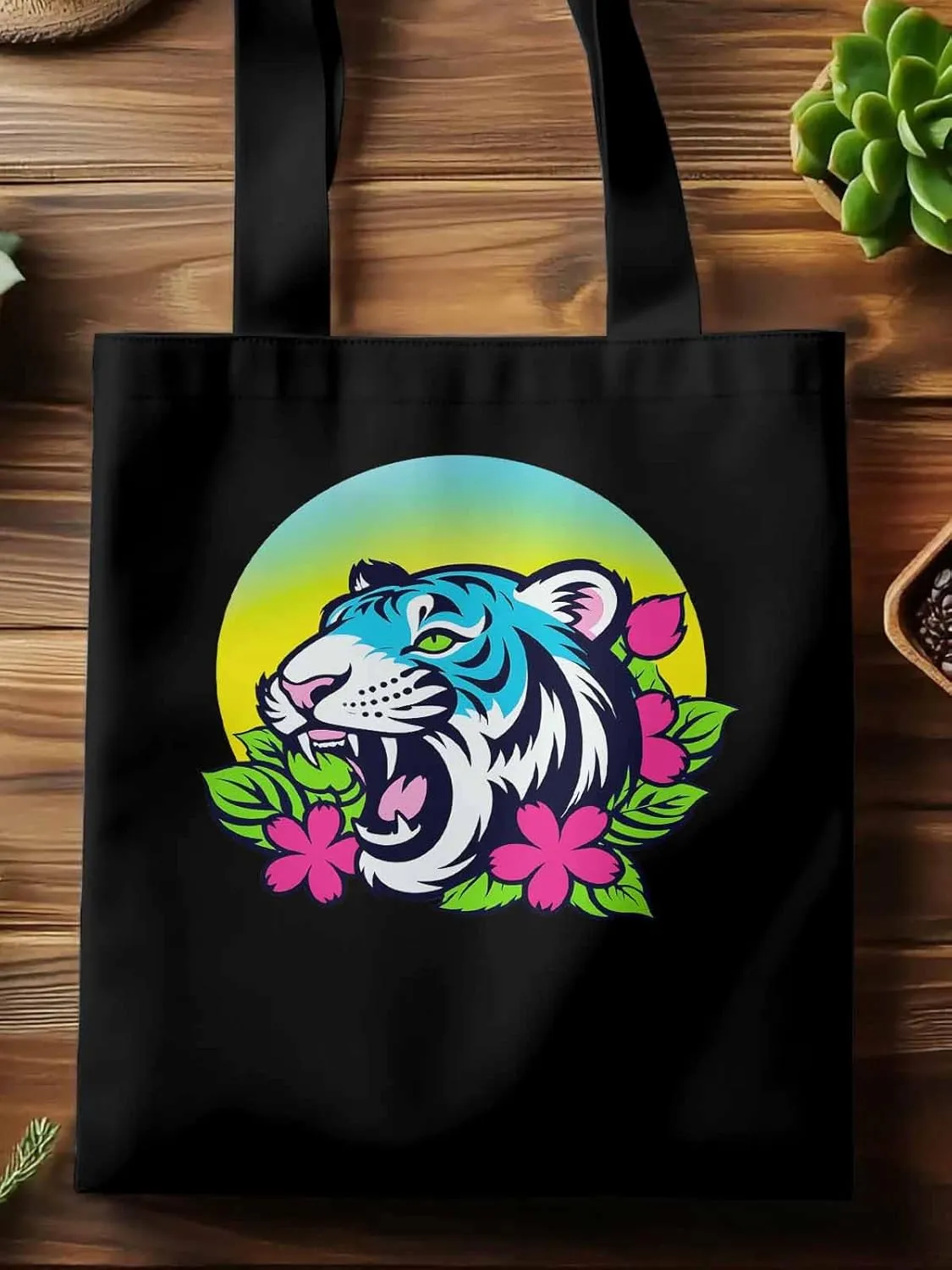 Funny Blue Animals Flowers Canvas Tote Bag, Aesthetic Canvas Tote Handbags for Women Shoulder Bag