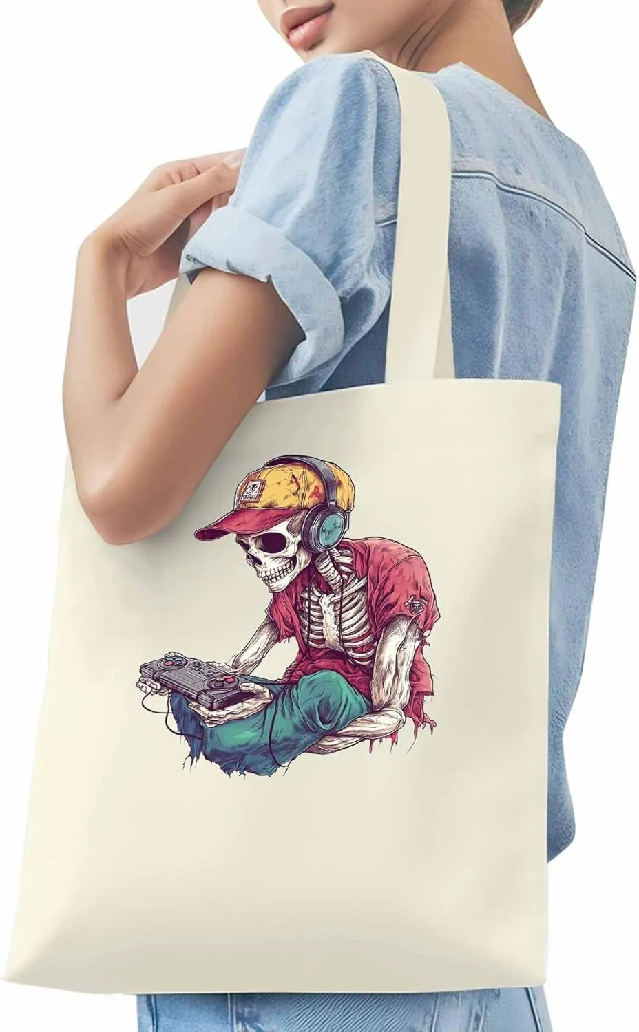 Funny Cartoon Skeleton Skull Canvas Tote Bag, Aesthetic Canvas Tote Handbags for Women Shoulder Bag