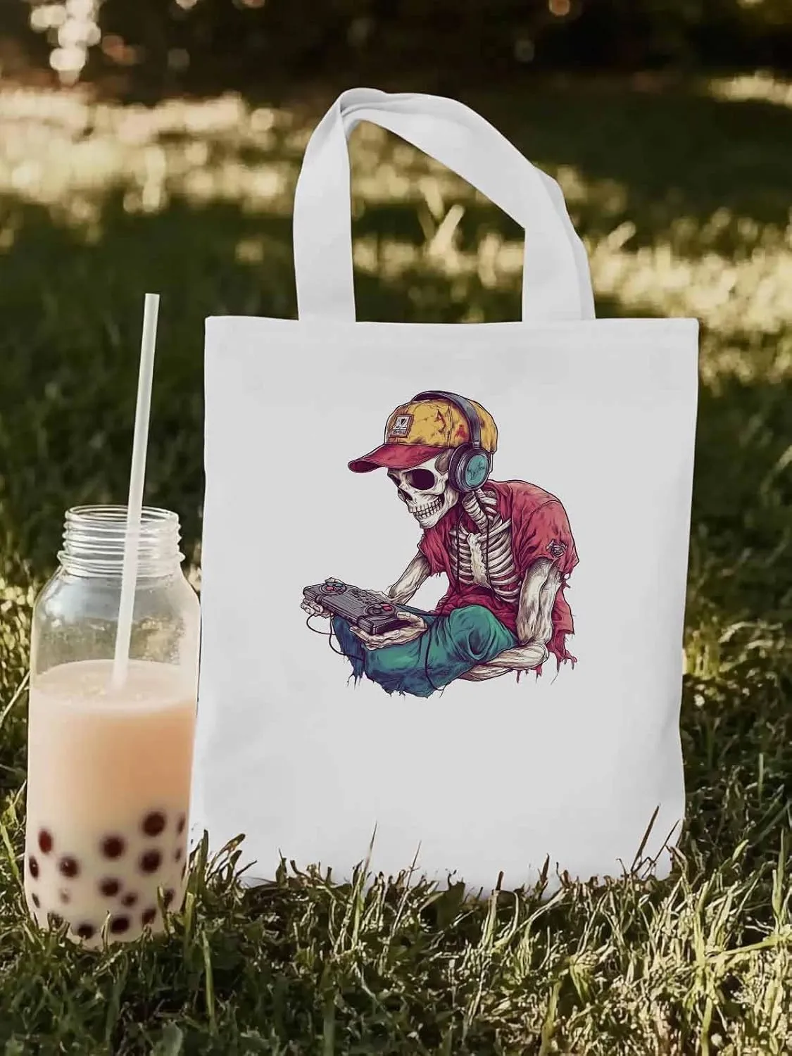 Funny Cartoon Skeleton Skull Canvas Tote Bag, Aesthetic Canvas Tote Handbags for Women Shoulder Bag