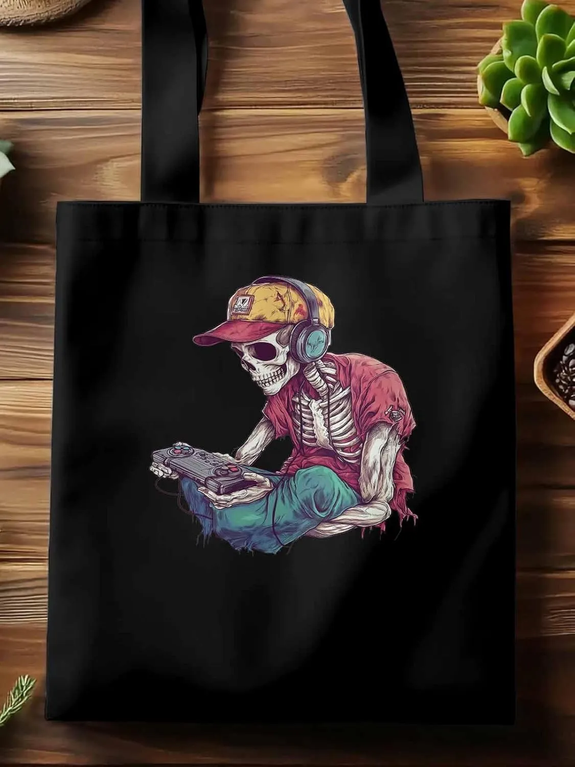 Funny Cartoon Skeleton Skull Canvas Tote Bag, Aesthetic Canvas Tote Handbags for Women Shoulder Bag