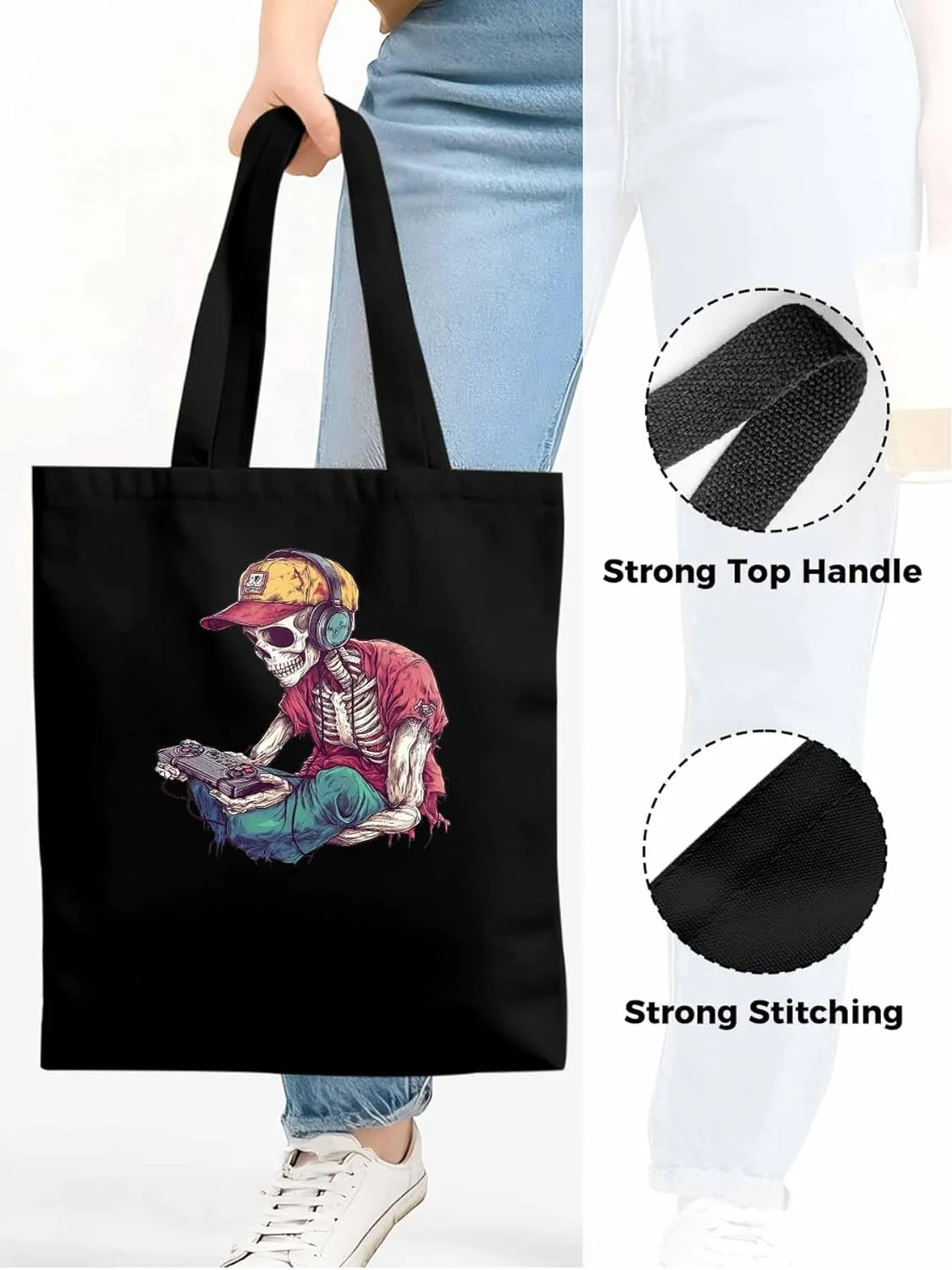 Funny Cartoon Skeleton Skull Canvas Tote Bag, Aesthetic Canvas Tote Handbags for Women Shoulder Bag