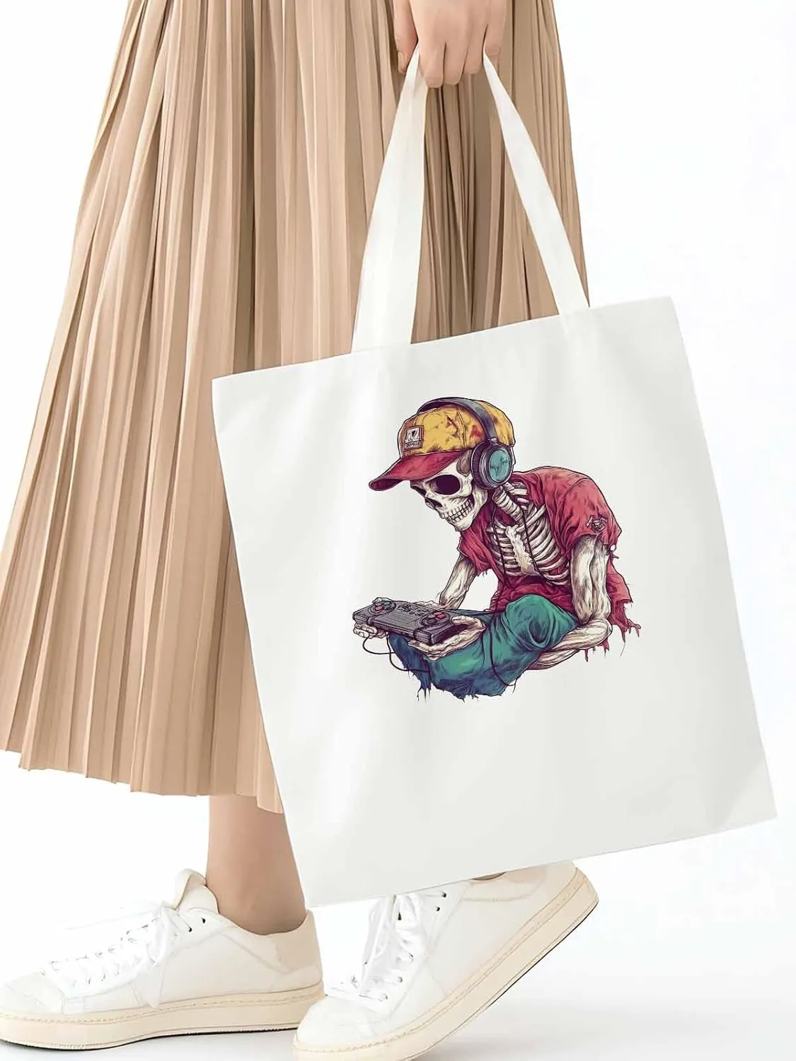 Funny Cartoon Skeleton Skull Canvas Tote Bag, Aesthetic Canvas Tote Handbags for Women Shoulder Bag