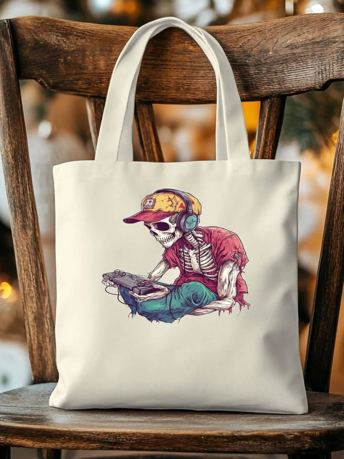 Funny Cartoon Skeleton Skull Canvas Tote Bag, Aesthetic Canvas Tote Handbags for Women Shoulder Bag