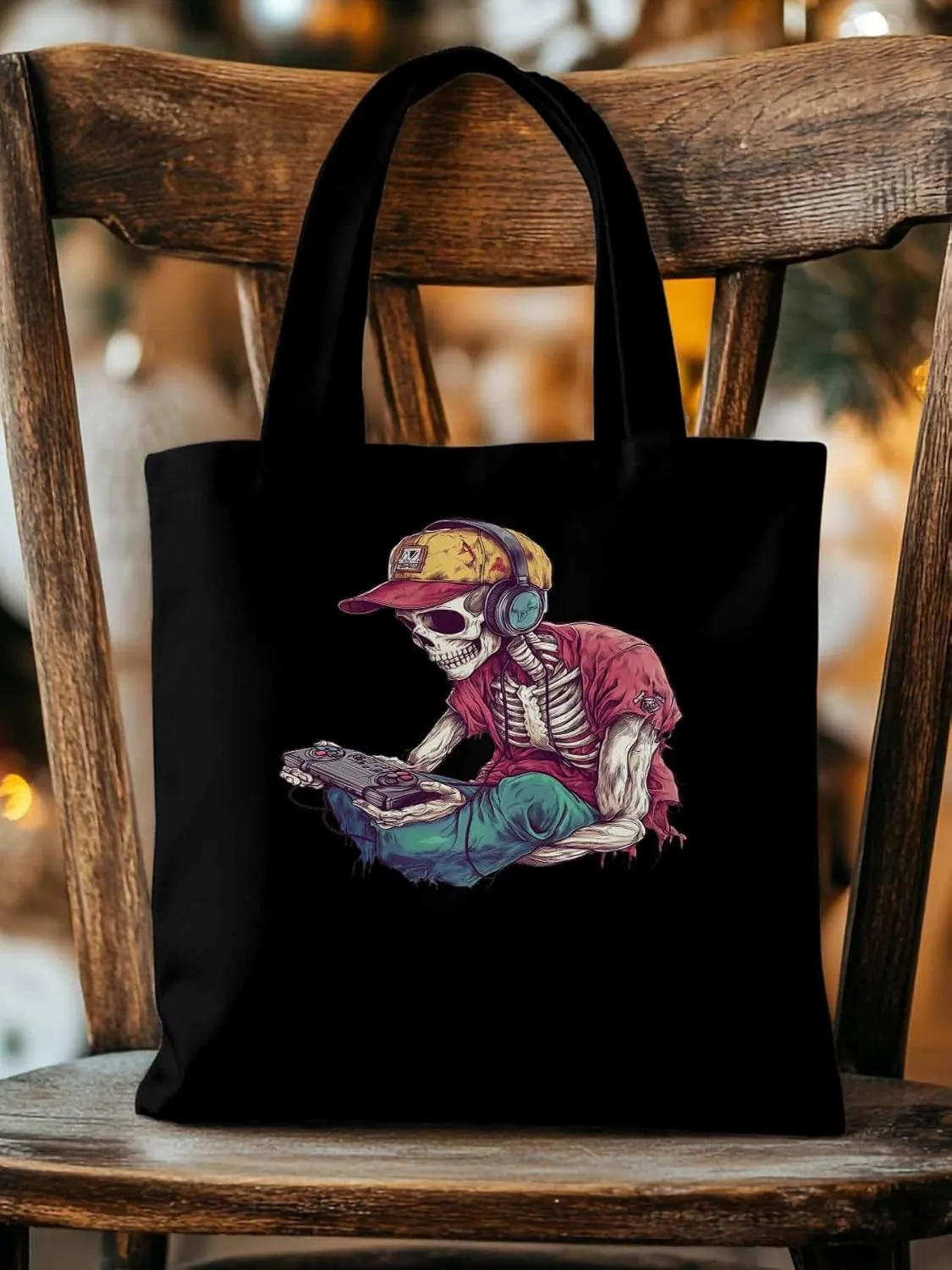 Funny Cartoon Skeleton Skull Canvas Tote Bag, Aesthetic Canvas Tote Handbags for Women Shoulder Bag