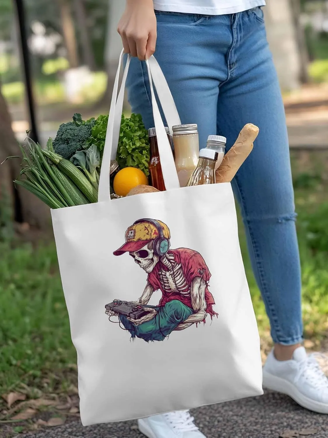 Funny Cartoon Skeleton Skull Canvas Tote Bag, Aesthetic Canvas Tote Handbags for Women Shoulder Bag