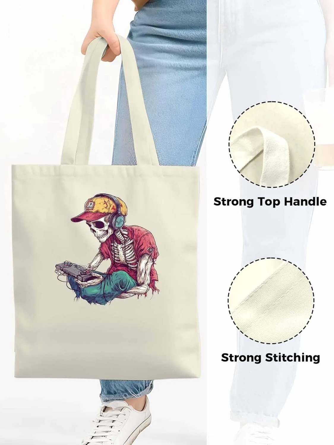 Funny Cartoon Skeleton Skull Canvas Tote Bag, Aesthetic Canvas Tote Handbags for Women Shoulder Bag