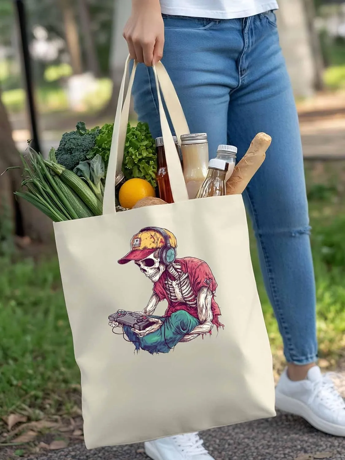 Funny Cartoon Skeleton Skull Canvas Tote Bag, Aesthetic Canvas Tote Handbags for Women Shoulder Bag