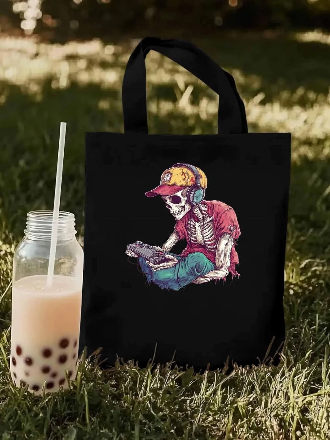 Funny Cartoon Skeleton Skull Canvas Tote Bag, Aesthetic Canvas Tote Handbags for Women Shoulder Bag