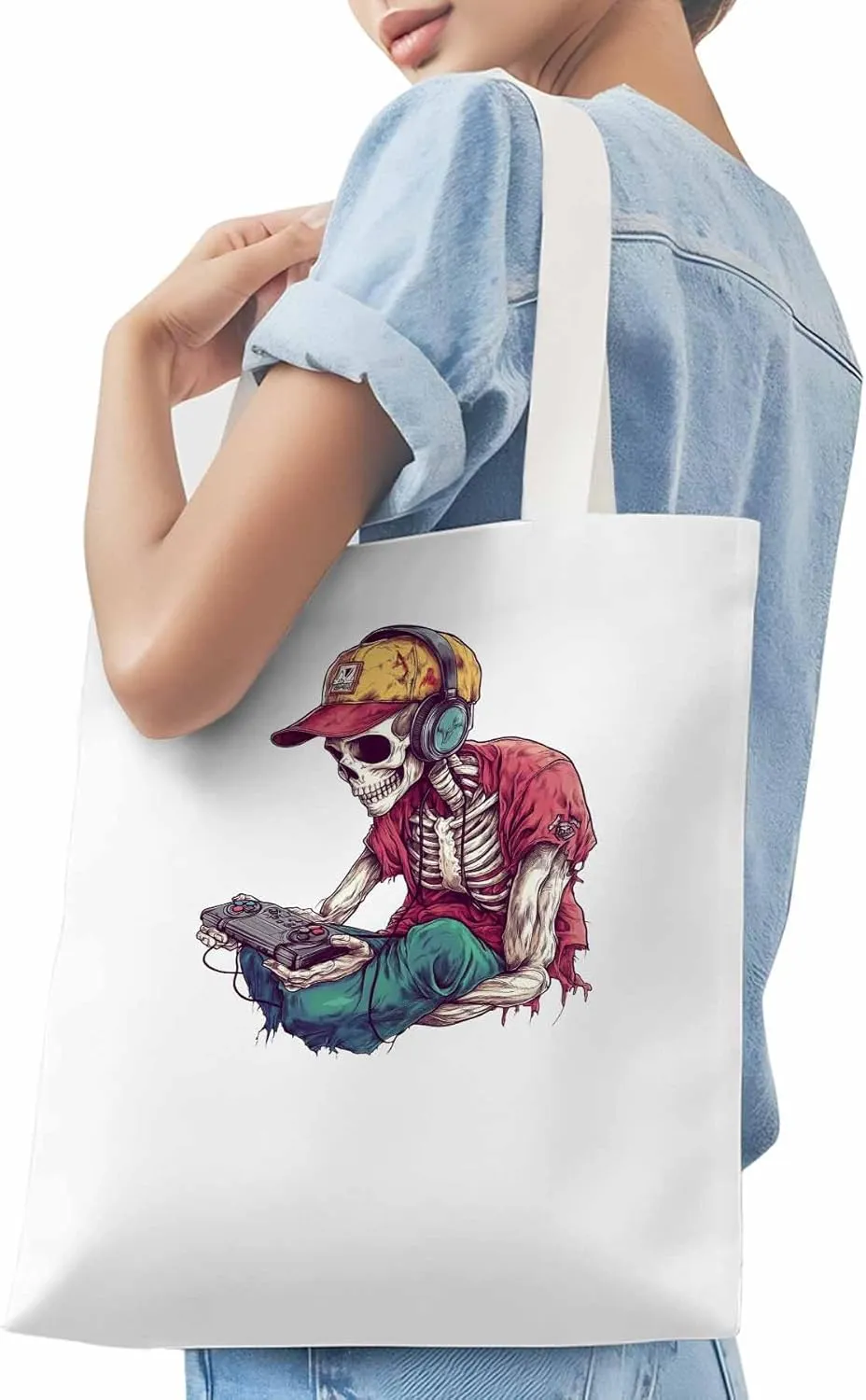Funny Cartoon Skeleton Skull Canvas Tote Bag, Aesthetic Canvas Tote Handbags for Women Shoulder Bag