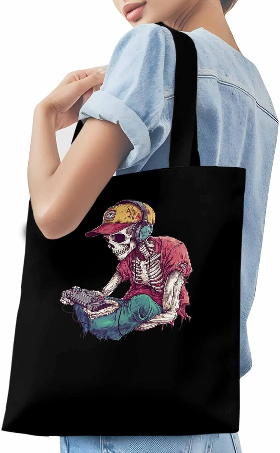 Funny Cartoon Skeleton Skull Canvas Tote Bag, Aesthetic Canvas Tote Handbags for Women Shoulder Bag