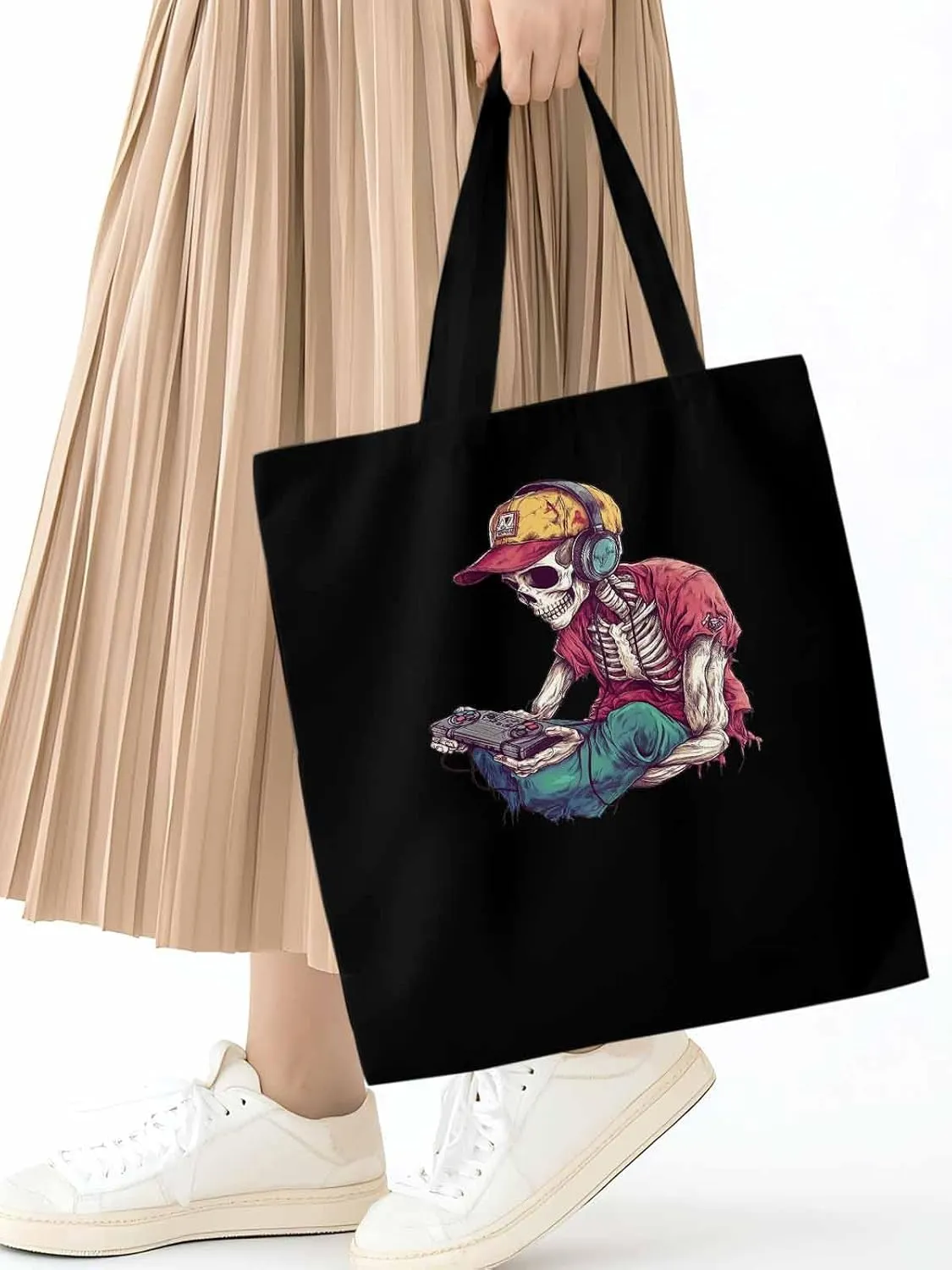 Funny Cartoon Skeleton Skull Canvas Tote Bag, Aesthetic Canvas Tote Handbags for Women Shoulder Bag