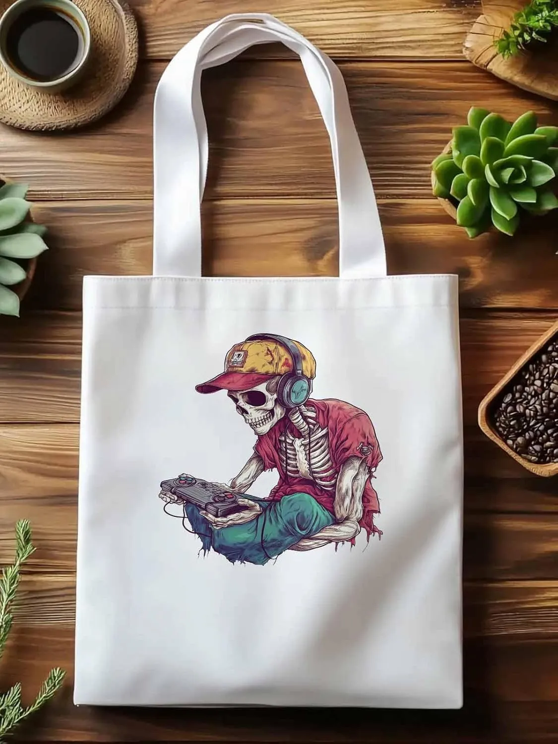 Funny Cartoon Skeleton Skull Canvas Tote Bag, Aesthetic Canvas Tote Handbags for Women Shoulder Bag