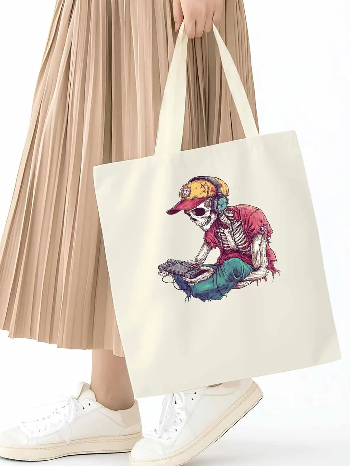 Funny Cartoon Skeleton Skull Canvas Tote Bag, Aesthetic Canvas Tote Handbags for Women Shoulder Bag
