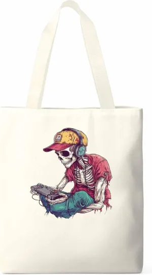 Funny Cartoon Skeleton Skull Canvas Tote Bag, Aesthetic Canvas Tote Handbags for Women Shoulder Bag