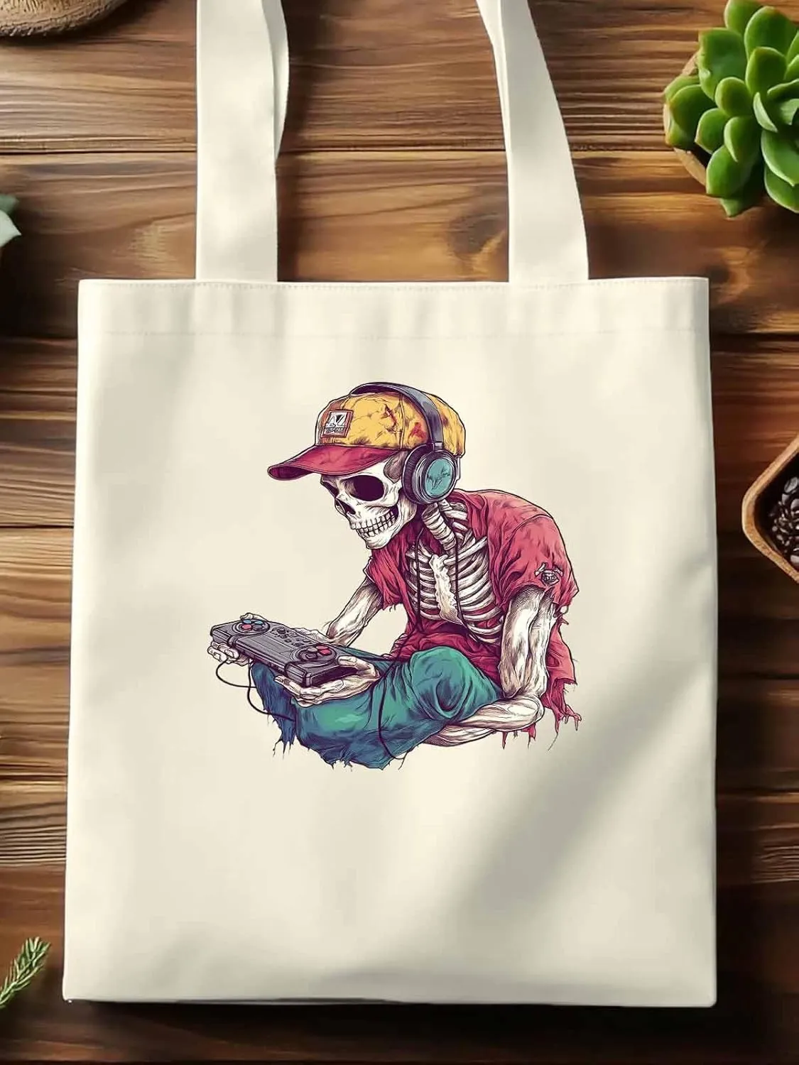 Funny Cartoon Skeleton Skull Canvas Tote Bag, Aesthetic Canvas Tote Handbags for Women Shoulder Bag