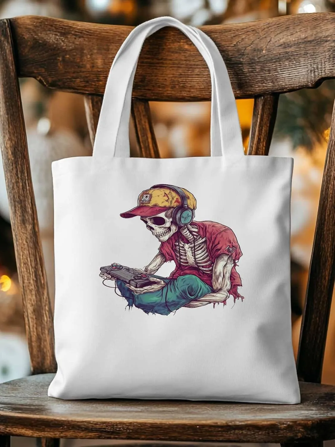 Funny Cartoon Skeleton Skull Canvas Tote Bag, Aesthetic Canvas Tote Handbags for Women Shoulder Bag
