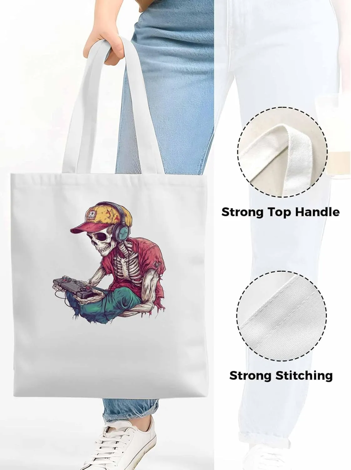 Funny Cartoon Skeleton Skull Canvas Tote Bag, Aesthetic Canvas Tote Handbags for Women Shoulder Bag