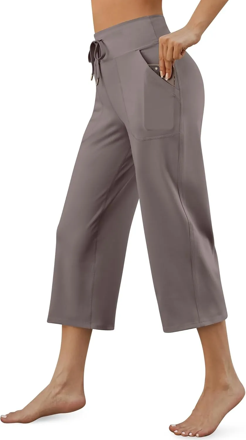 G4Free Wide Leg Capris Yoga Pants for Women with Pockets Summer High Waist Dress Pants for Workout Casual Pants 21"