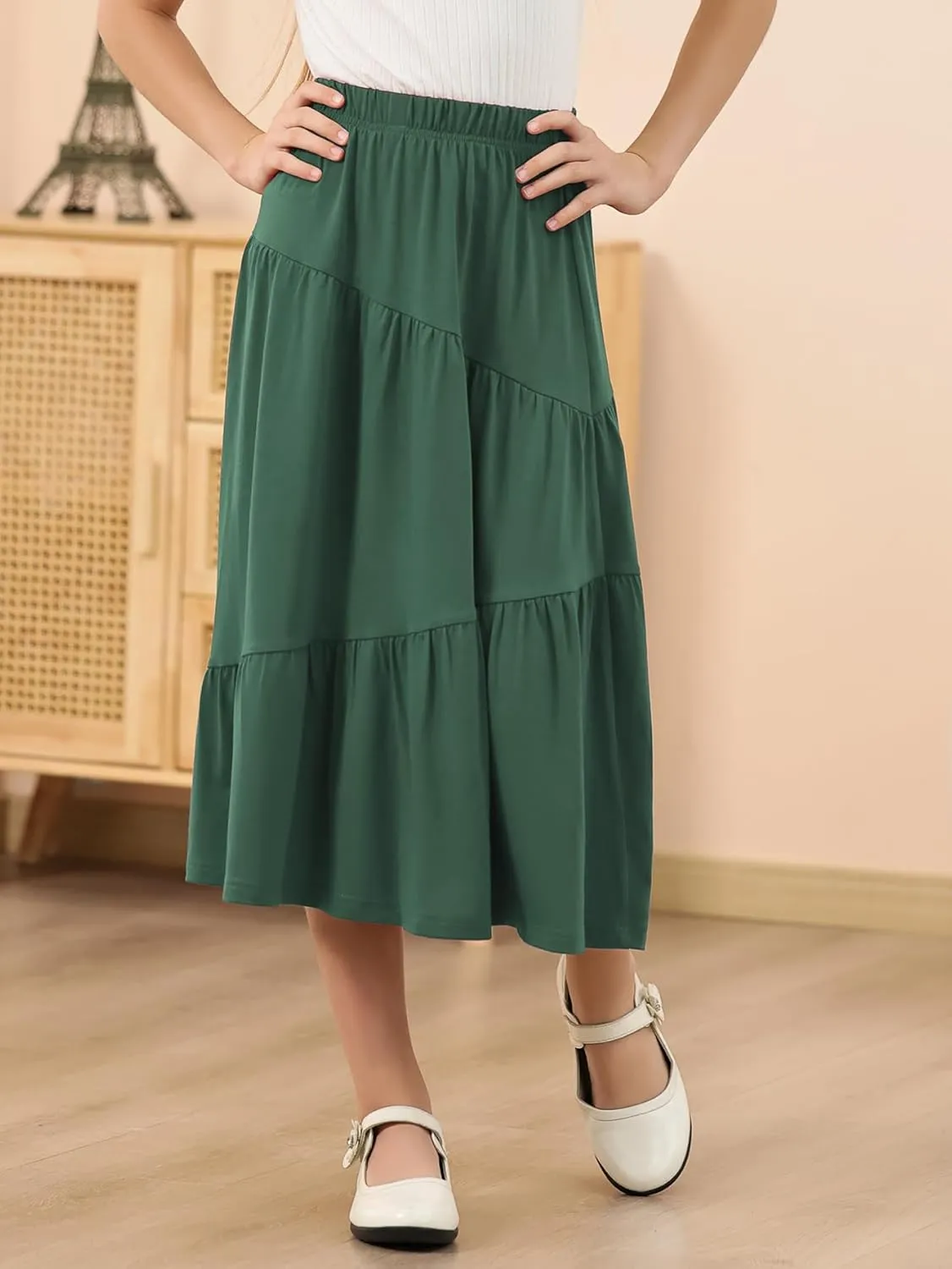 GORLYA Girls Holiday Casual Asymmetrical Tiered Ruffle Hem Long Swing Boho Fancy Maxi Skirt 6-14Y