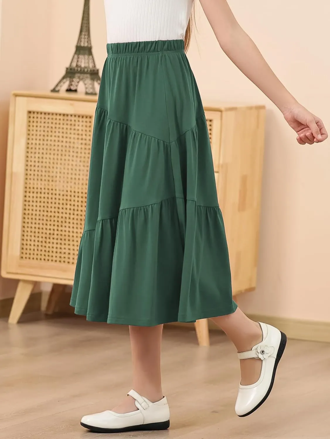 GORLYA Girls Holiday Casual Asymmetrical Tiered Ruffle Hem Long Swing Boho Fancy Maxi Skirt 6-14Y