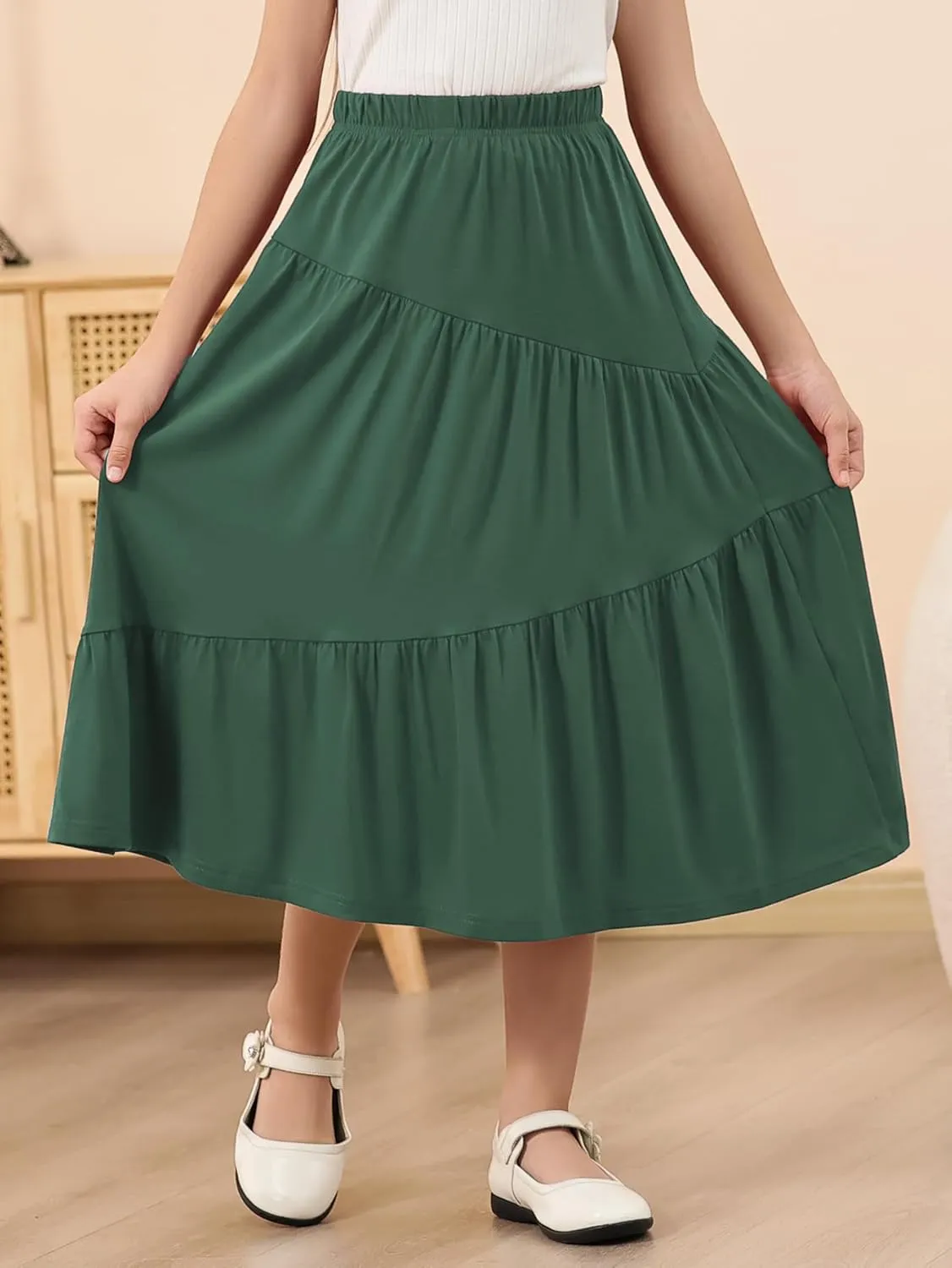 GORLYA Girls Holiday Casual Asymmetrical Tiered Ruffle Hem Long Swing Boho Fancy Maxi Skirt 6-14Y