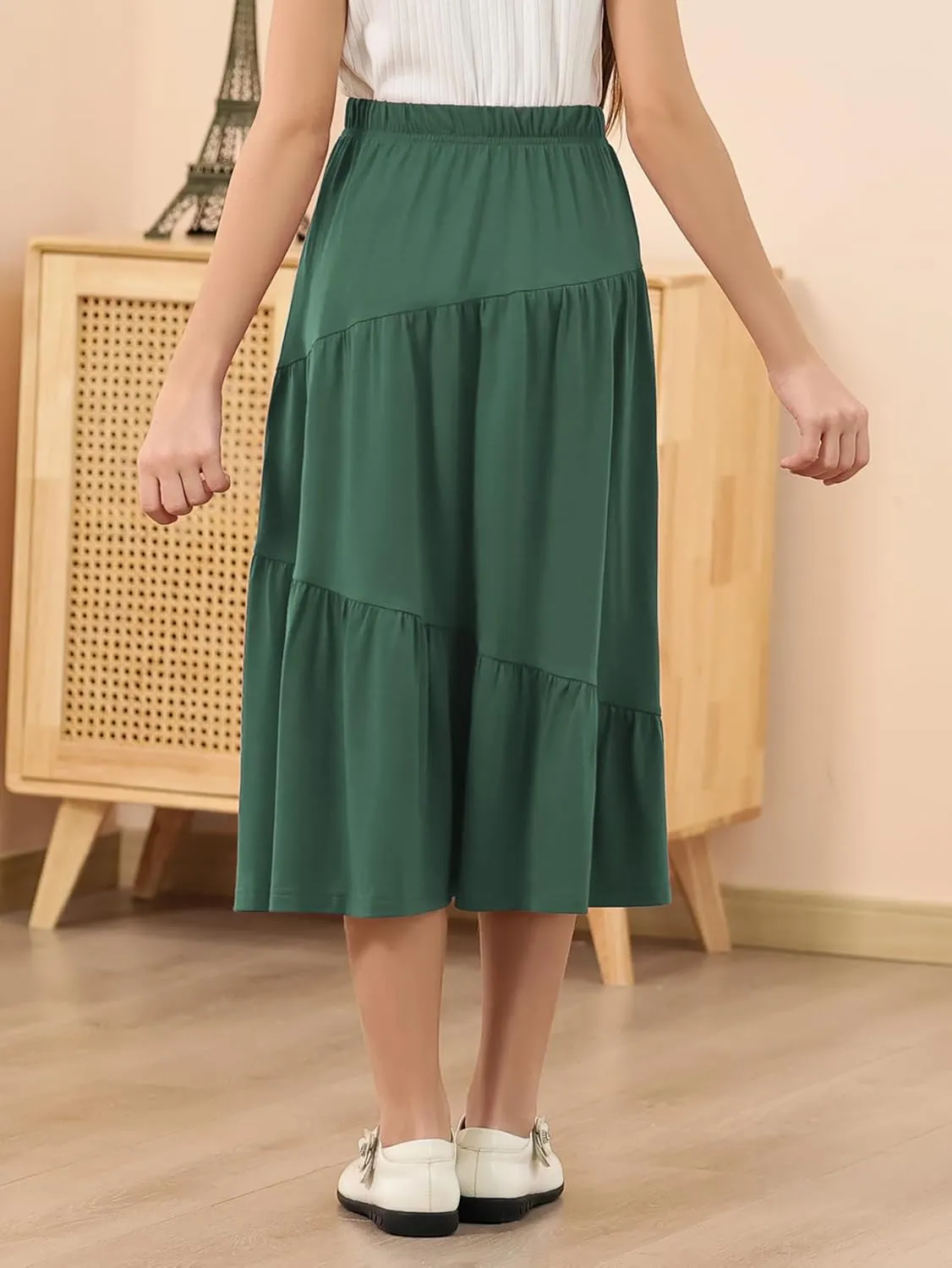 GORLYA Girls Holiday Casual Asymmetrical Tiered Ruffle Hem Long Swing Boho Fancy Maxi Skirt 6-14Y