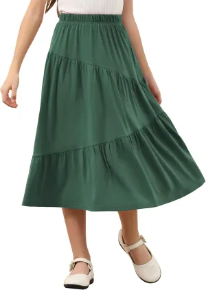 GORLYA Girls Holiday Casual Asymmetrical Tiered Ruffle Hem Long Swing Boho Fancy Maxi Skirt 6-14Y